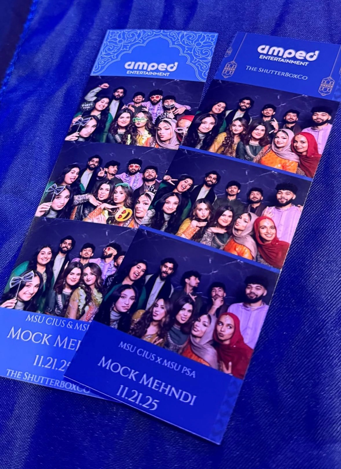 Two custom-branded photo booth print strips from a Mock Mehndi event
